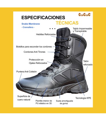 SNAKE MEMBRANE - Botas Altas Profesionales con Cremallera | Ultra Ligeras | Antideslizante | Scanner Safe