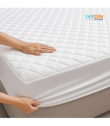 Coprimaterasso Imbottito Cotone-Poliestere | Tessuto/Feltro/Tessuto | Traspirante con Aderenza 4 Punti e Senza PVC