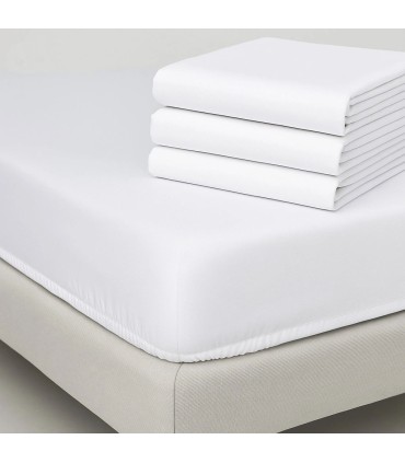 Pacco Lenzuola Hotel x4 Set Cotone-Poliestere | 144 Fili 120 g/m² | x4 Sopramatte + Lenzuola di Sopra + Federe Cuscini - Bianche