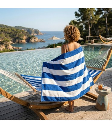 Strand Pool Handduk Stor 100x160 Frotté Bomull 450 g/m² Ränder | Blå Vit Tillverkad i Spanien