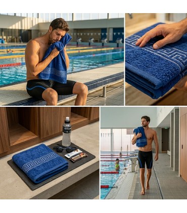 Anti-chlorine Pool Towel 100% Cotton 450 g/m² INDANTHREN | Blue Greek Pattern, Resistant to Washing and Light