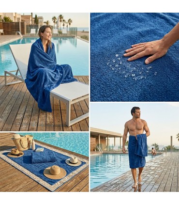 Grote Strand- en Zwembadhanddoek 90x170 Antichloor 100% Katoen 520 g/m² INDANTHREN | Blauw, Bestand tegen Wassen en Licht