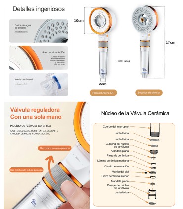 Alcachofa Doble Cara Oxigenación Qin CC-FM003 | Presurizada | 3 Modos de Agua | Mejora Limpieza y Desengrasado | Con Filtro
