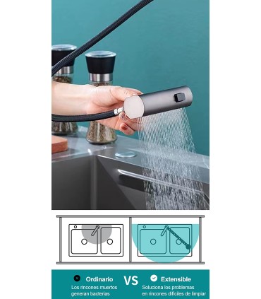 Küchenarmatur Anzeige LH-567 | Massivkupfer | Thermometer | Herausziehbar | 3 Wassermodi