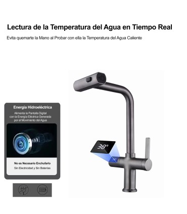 Grifo Cocina Display LH-567 | Cuerpo Cobre Macizo | Termómetro | Cabezal Extraíble | 3 modos de Agua