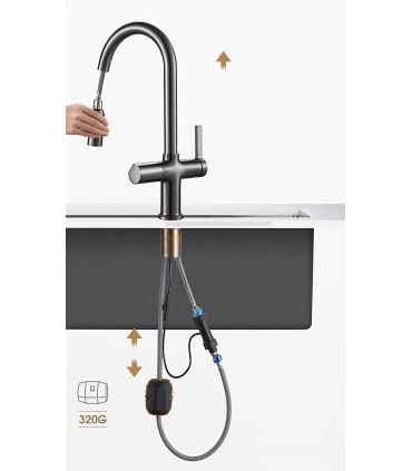 Torneira Cozinha Display LED Temperatura LH-232 | Cobre Maciço | Extraível | Monomando e 3 Modos Água