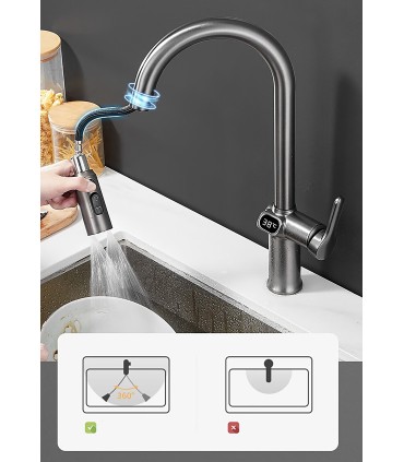 Robinet Cuisine Affichage Température LH-168 | Alliage Zinc | Extraible | 3 Modes Eau