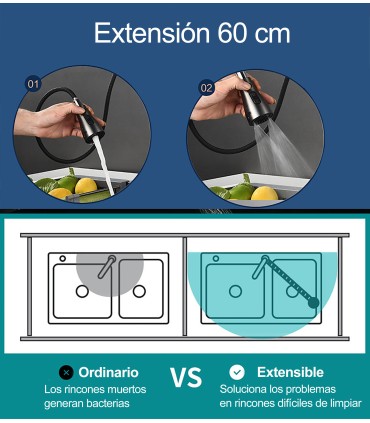 Grifo Cocina LH-118 | Latón Antibacteriano | Cabezal Extraíble 3 Modos de Agua